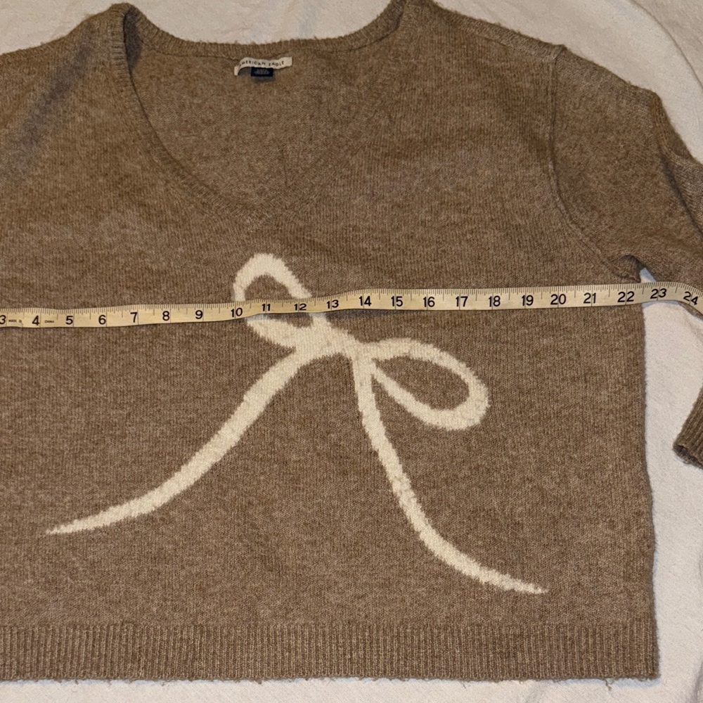 American Eagle Outfitters Brown V-Neck Sweater with White Bow - Picture 7 of 9